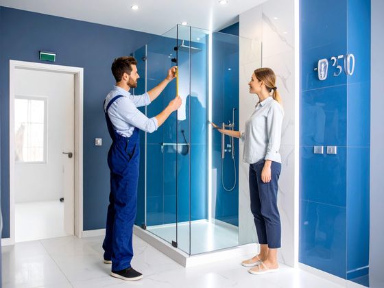 Installer measuring a shower recess with a client